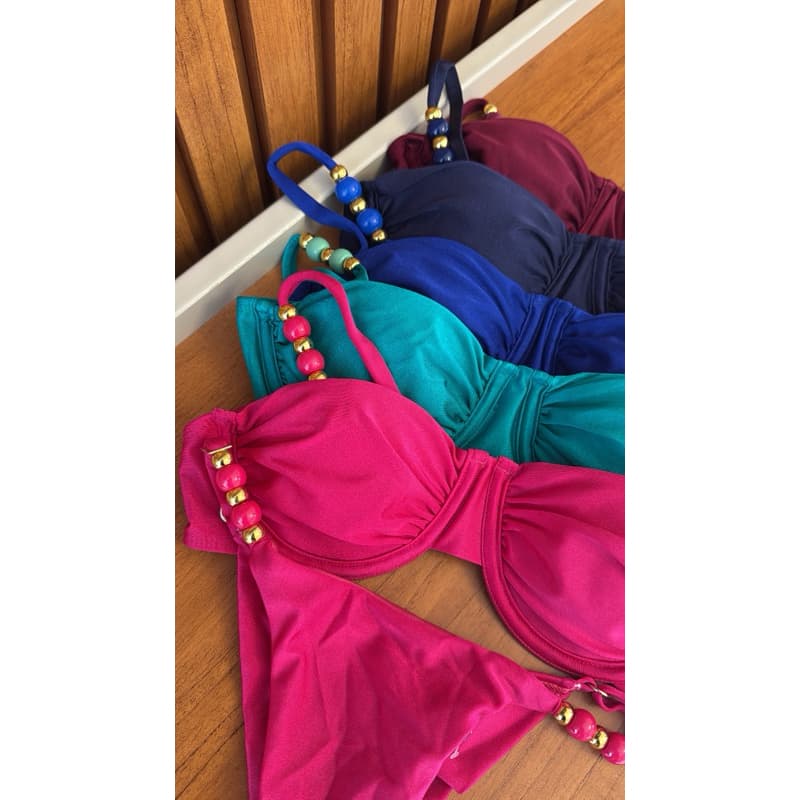 Biquíni meia taça detalhe bolinha luxo calcinha fita marquinha semi fio tendência moda praia