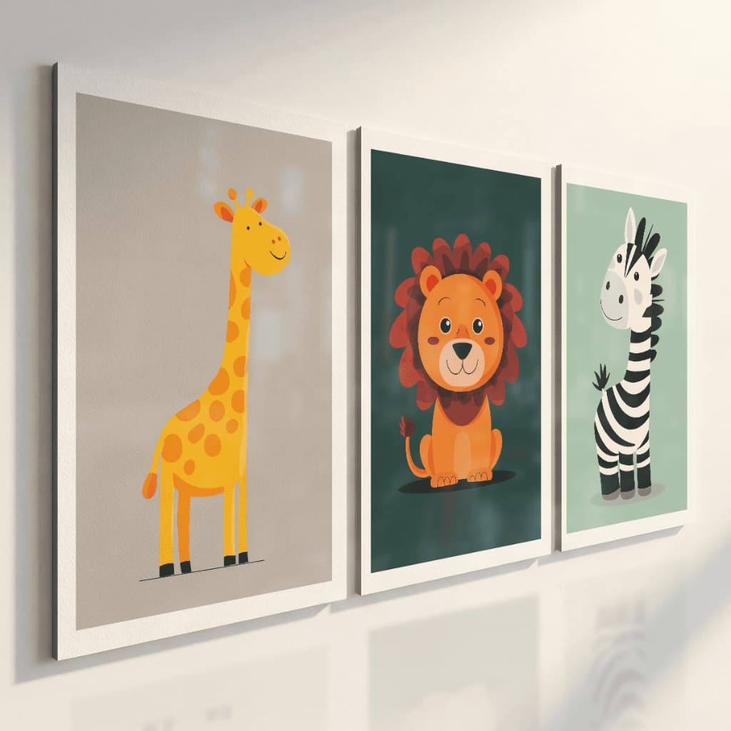 Quadros Decorativos Infantil Safari Kit 3 Peças Girafa Leão Zebra Para Quarto Bebê Menino