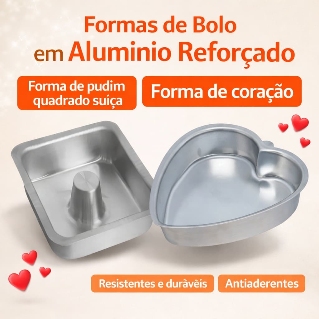 kit 2 Formas de Bolo em Alumínio Grosso, Assadeira Pudim Quadrado torta Suíça n°1 e Coração n°1