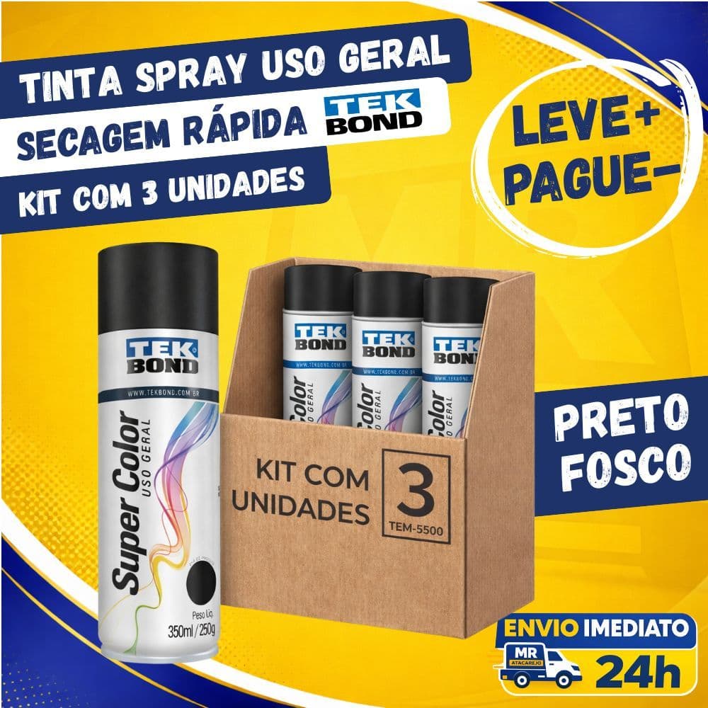 Kit 3 Tinta Spray Uso Geral Tekbond Preto Fosco 350ml Secagem Rápida