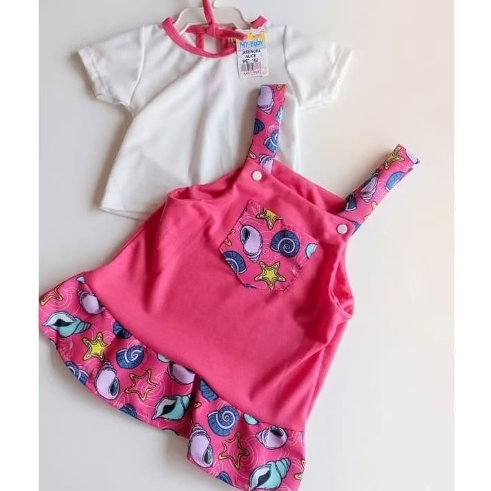 Vestido Salopete Jardineira bebê menina com blusa 2 peças 0 a 6 meses lançamento enxoval
