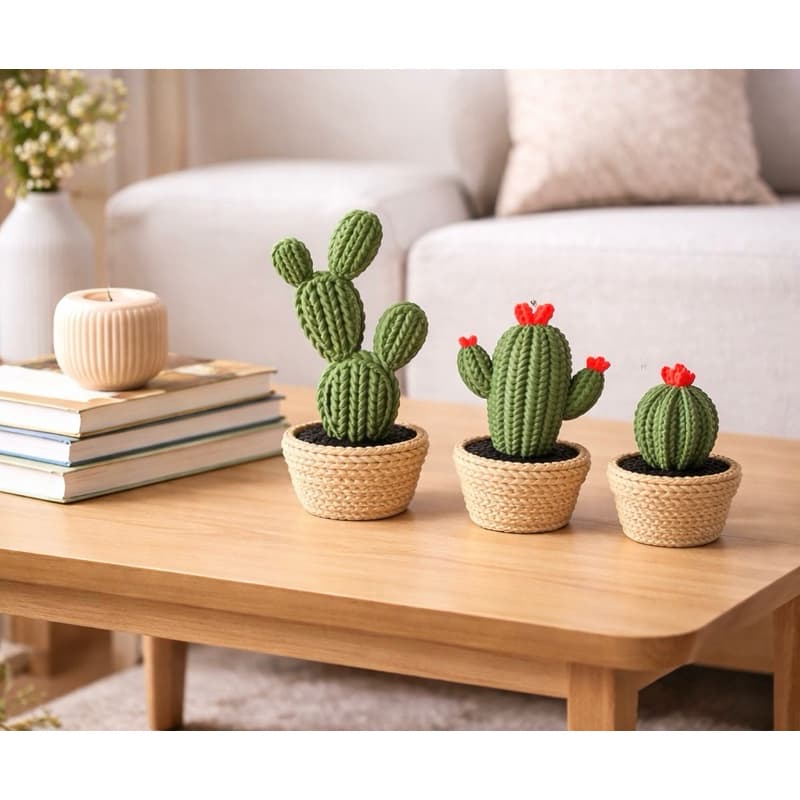 Cactos Decorativos estilo Tricô 3D com Vaso porta objetos