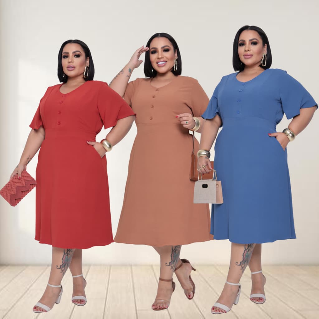 Vestido Mídi Com Botão no Busto e com Lastex nas Costas e Bolsos Funcionais
