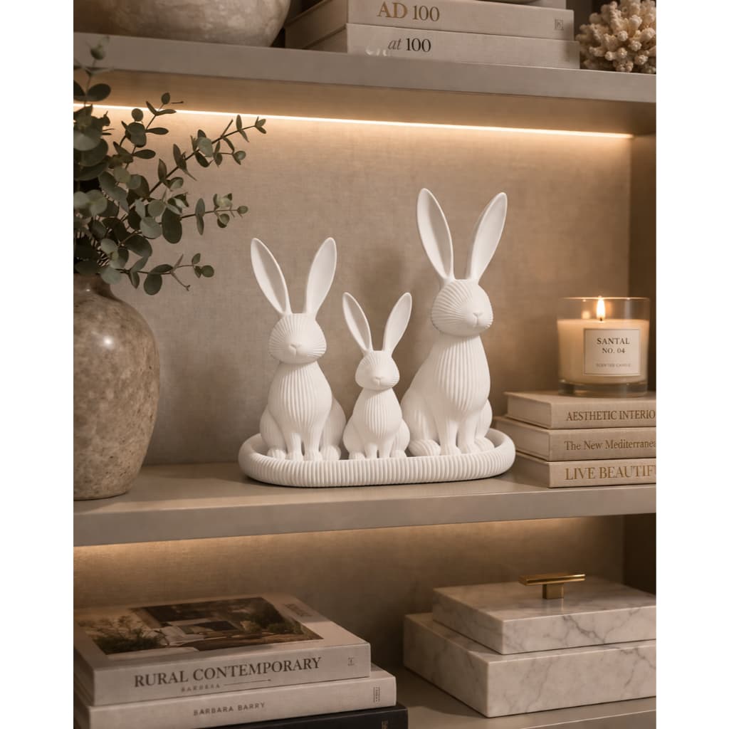 Kit com 3 Coelhos + Bandeja Decorativo de Páscoa Minimalista | Enfeite Moderno para Mesa ou Decoração de Pascoa