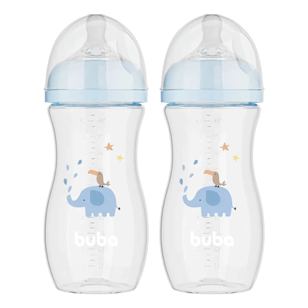 2x Mamadeira Anticólica Evita Gases Easy Flow 330ML +4 Meses Silicone Buba