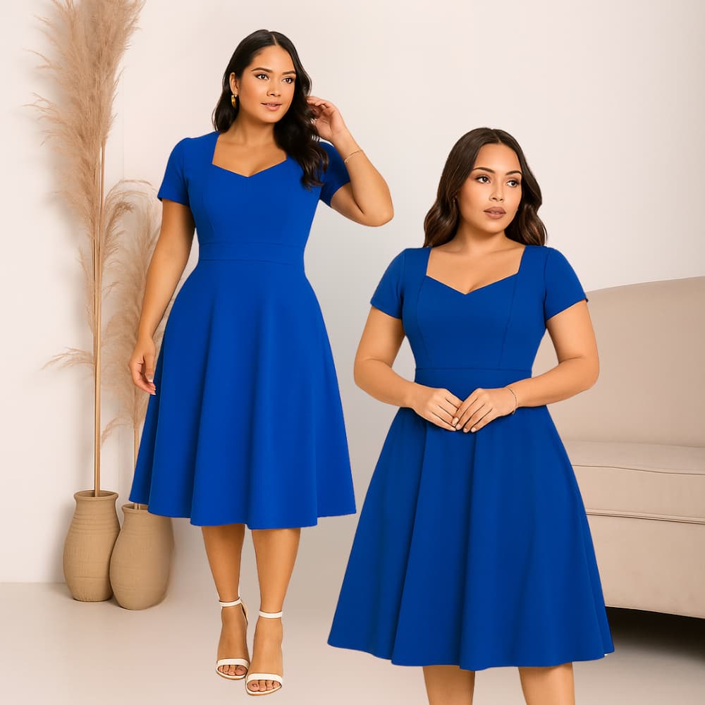 VESTIDO MIDI RODADO CLASSICO MANGA CURTA DECOTE CORAÇAO MODA EVANGELICA MODESTA ELEGANTE SOCIAL PLUS
