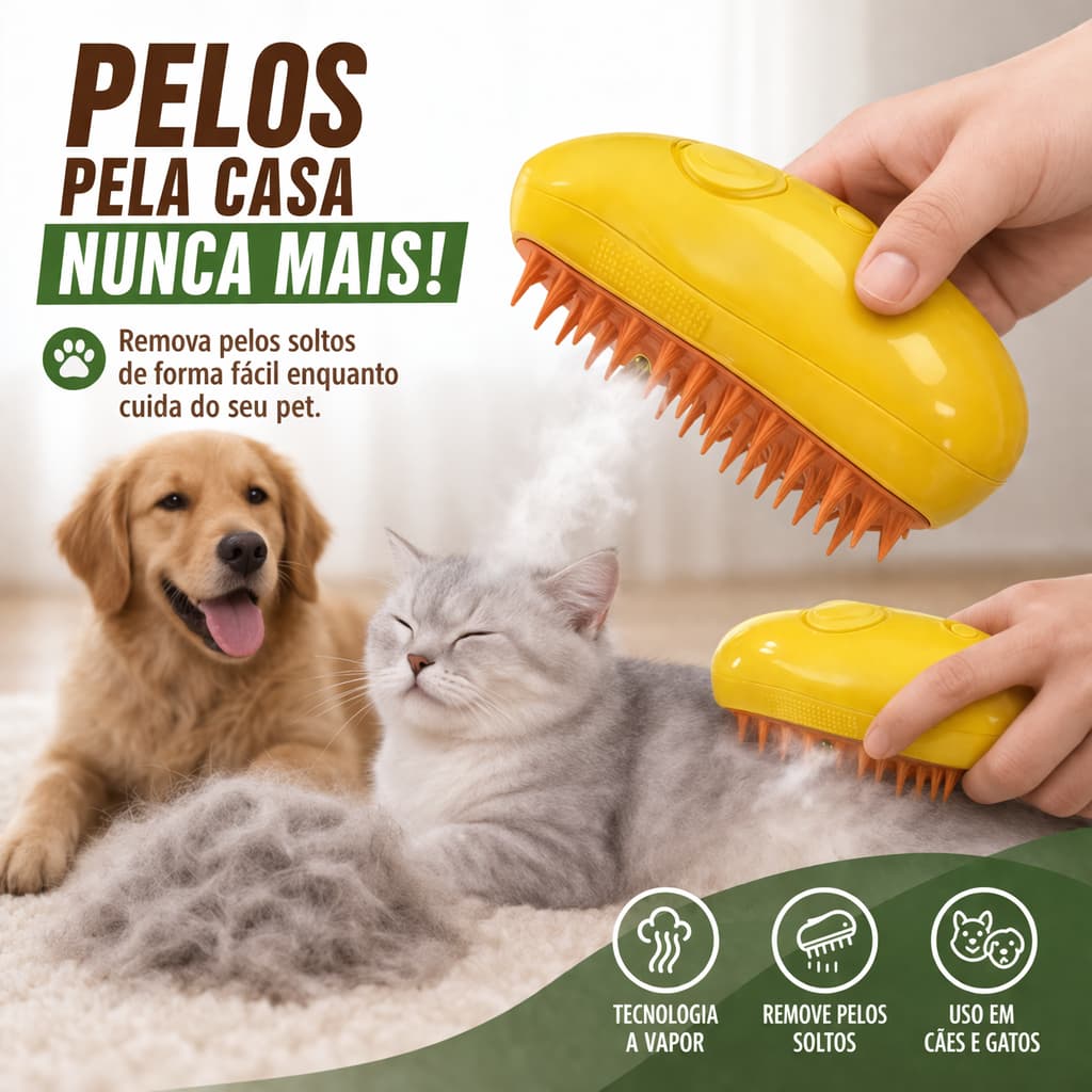 Escova a Vapor para Pet Removedor de Pelos Cachorro e Gato Recarregável Desembaraçador