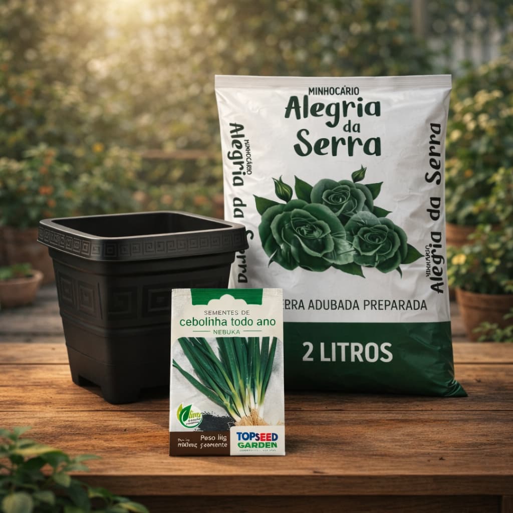 Kit Plantio Cebolinha em Vaso 2,1 Litros com Terra Adubada Preparada
