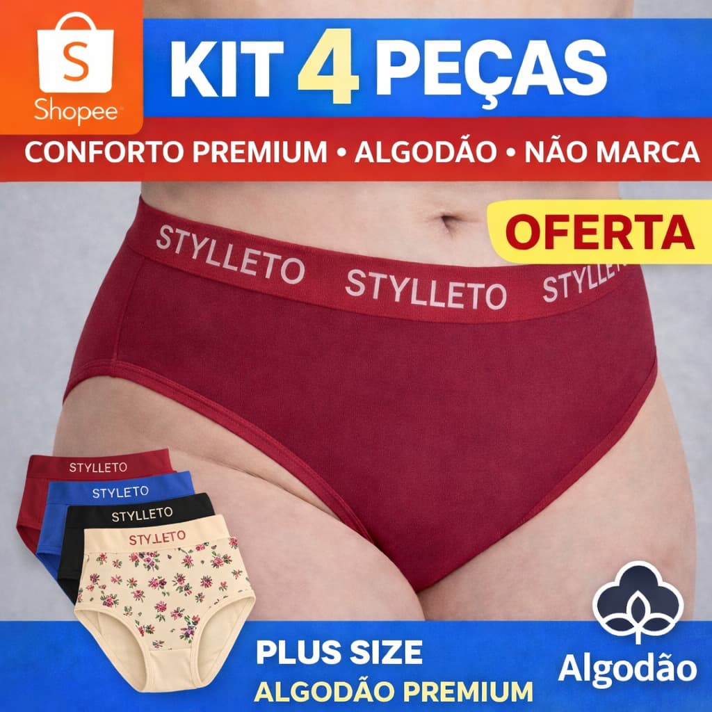 KIT4 CALÇOLA ALGODÃO PLUS SIZE CINTURA ALTA LIGERIE LISA E ESTAMPADA LATERAL LARGA