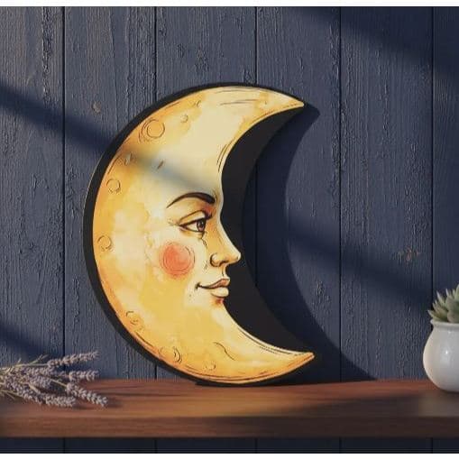 Quadro Lua Rosto - Placa decorativa Lua Crescente Rosto Aesthetic Mística