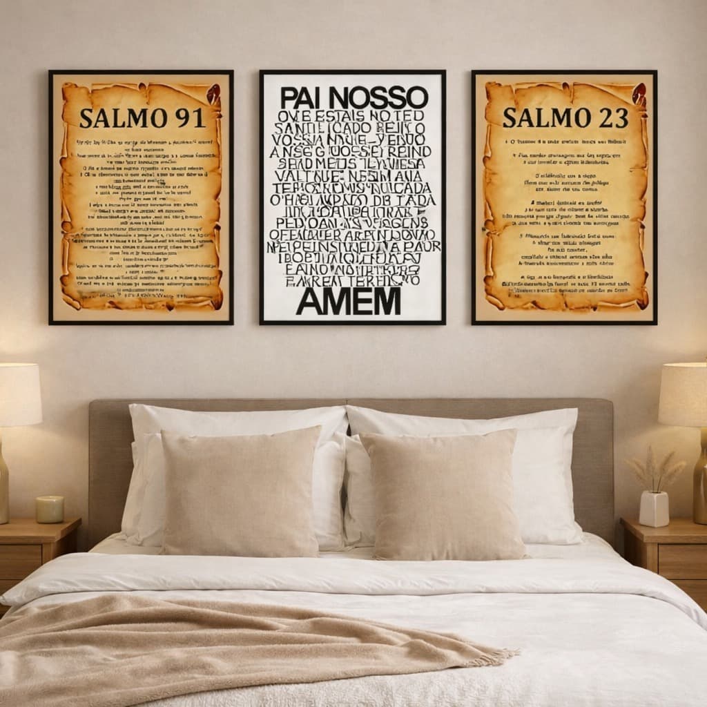 Kit 3 Peças Quadros Decorativos Salmos 23 91 Oração Pai Nosso Bençãos Sala Casa Escritório Religioso