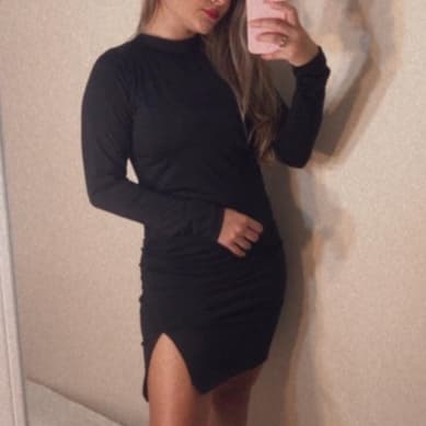 Vestido Justo Curto Gola Alta Outono Inverno Fenda Manga Longa Suplex Elegante Confortável