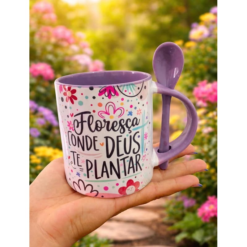 Caneca cerâmica com colher - floresça onde Deus te plantar