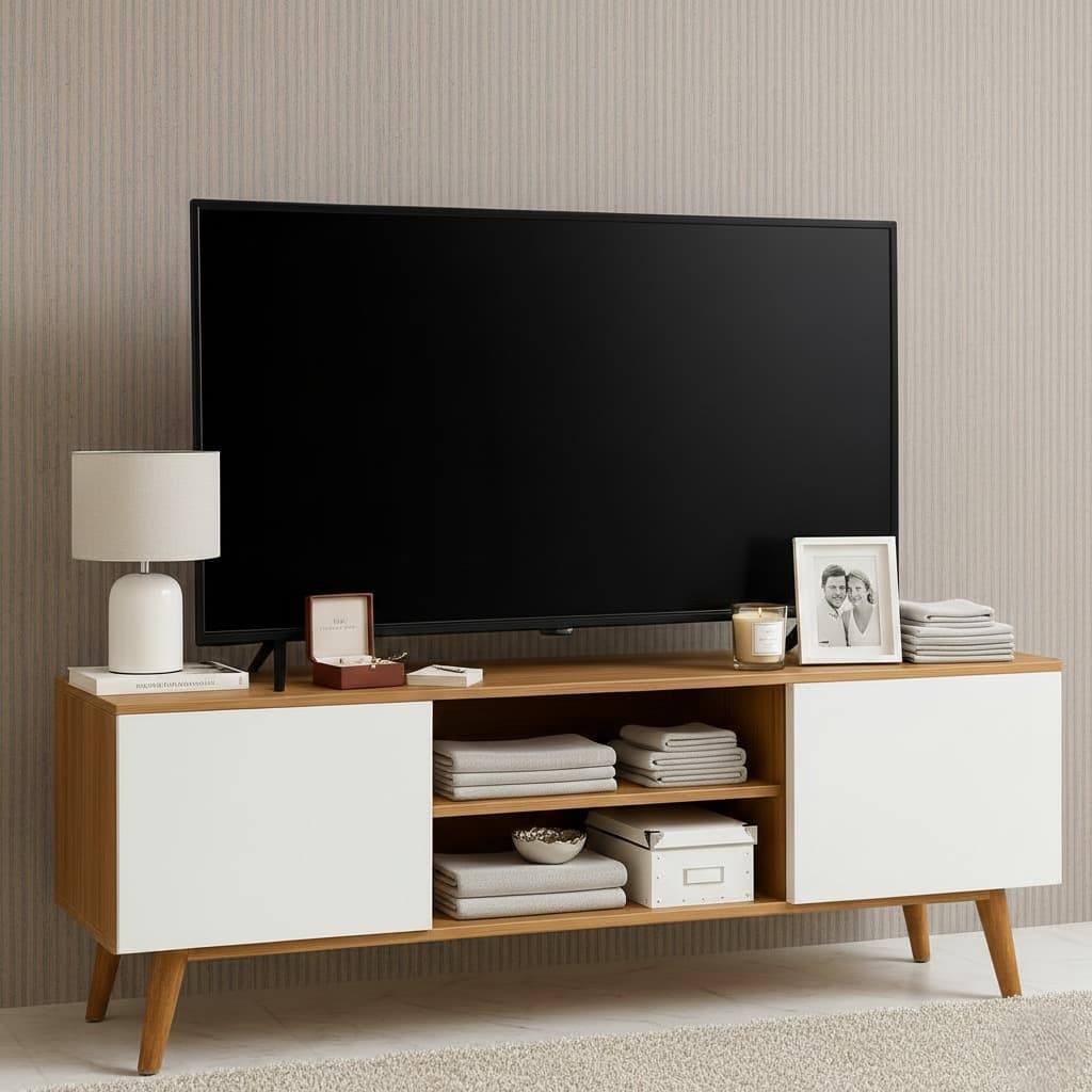 Rack TV 50” Moderno Luxo 120cm Com Portas Branco Preto Nichos Funcionais Sofisticados