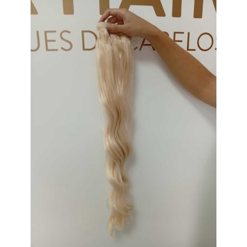 Aplique de Cabelo Fibra Russa Fita Adesiva Semi Humano Natural 60cm Ondulado Loiro Claríssimo