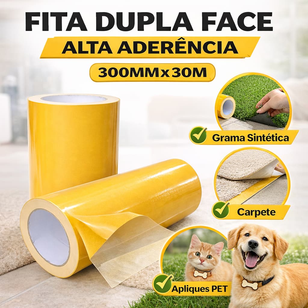 FITA DUPLA FACE LARGA 300MMX30M COLA FORTE PARA ADESIVOS PET EM E.V.A ACRILICO USO GERAL CARPETE KIT 01/ KIT 03/ KIT 05