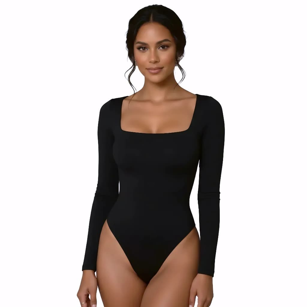 Body Feminino Manga Longa Suplex com Alta Elasticidade Gola Decote Quadrada Com Elastano Elegante