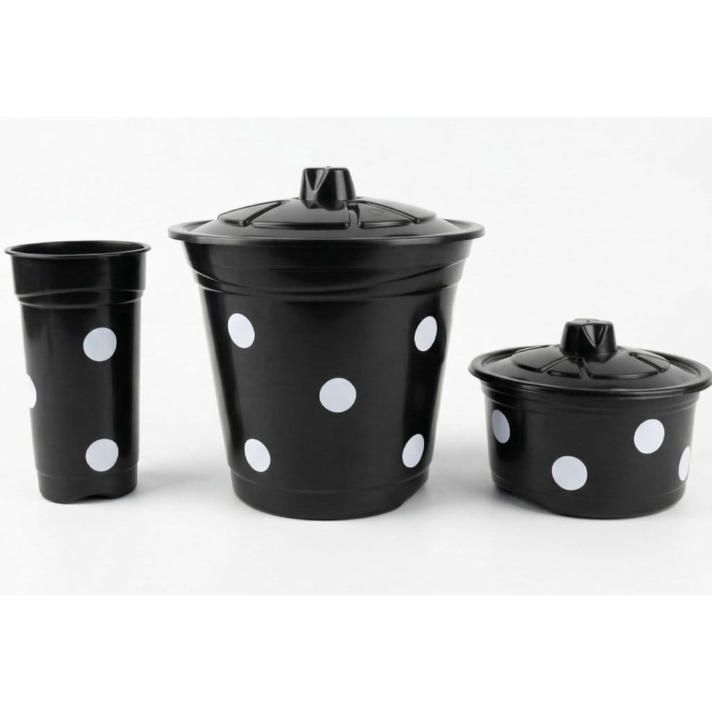 Kit Pia Cozinha 3 Peças Plástico Preto Poá Branco- Porta Detergente Sabão E Lixeira