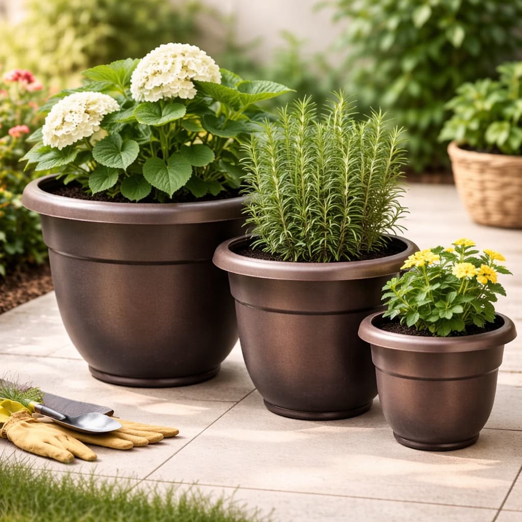JOGO DE VASOS PARA PLANTAS 10 LITROS 4  LITROS E 1 LITRO PRETO