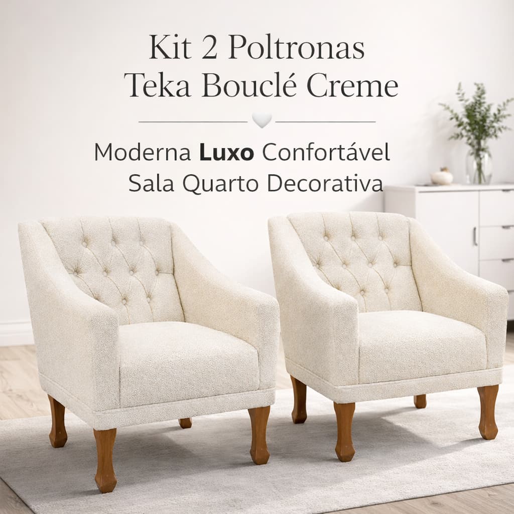 Kit 2 Poltronas Teka Bouclé Creme 🤍 Confortável Moderna Sala Quarto