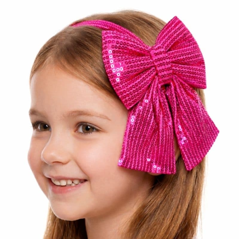 Tiara Infantil Laço Caído com Pontas Paetê Rosa Pink Blogueirinha Luxo