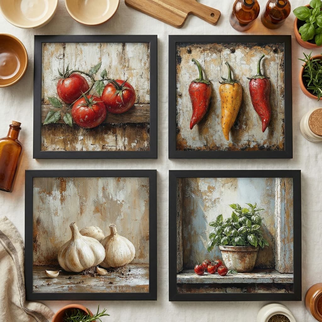 Kit 4 Quadros Decorativos Cozinha Vintage 18x18 com Vidro e Moldura em Madeira