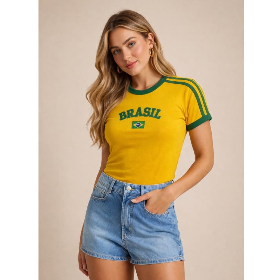 Camiseta Feminina Bandeira do Brasil Bordada Torcedor Premium de Algodão