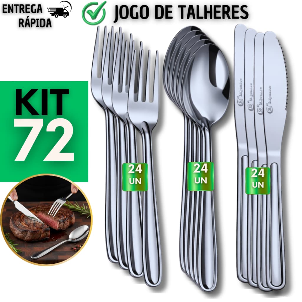 Kit Talheres 18/36/54/72 Peças Inox Garfos Facas Colheres Mesa Cozinha Churrasco Completo Não Enferruja Casa Restaurante