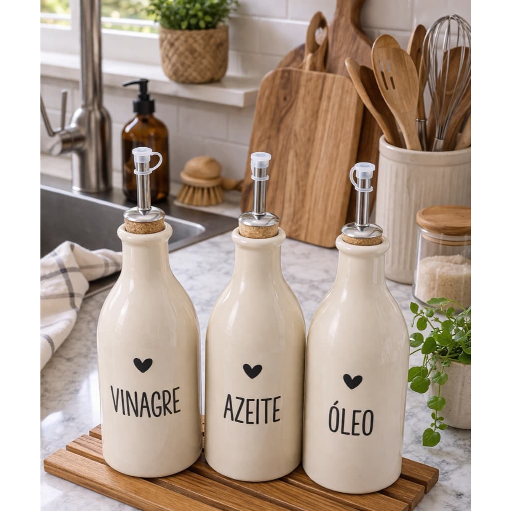 Porta azeite, vinagre e óleo - Galheteiro - ESCRITA / UNIDADE - Já vem com a tampa - 300ml - BEGE
