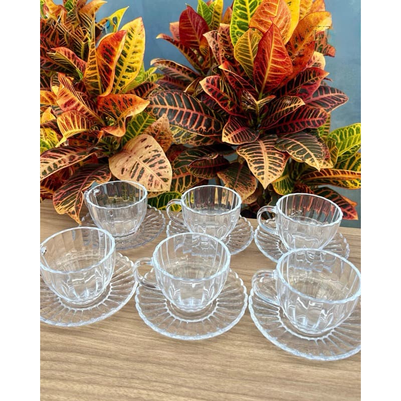 Conjunto Xícaras de Cha e Cafe 12 Peças Com Pires Petala Transparente Cristal Vidro 200ml Decorada