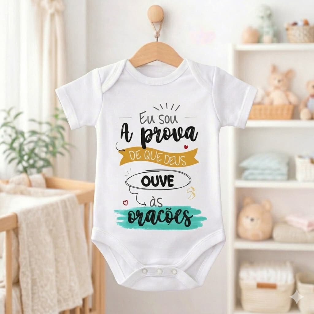 Body Bebê Personalizado - Prova de que Deus Ouve as Orações Poliéster + Elastano - Estica!
