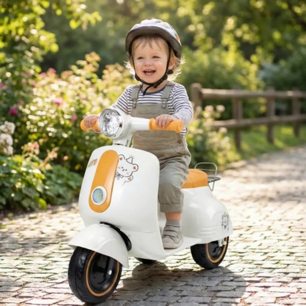 Moto Elétrica Infantil Avespa Scooter 2 Rodas Luz LED Som Música Acelerador Frente Ré Bateria Estável Criança