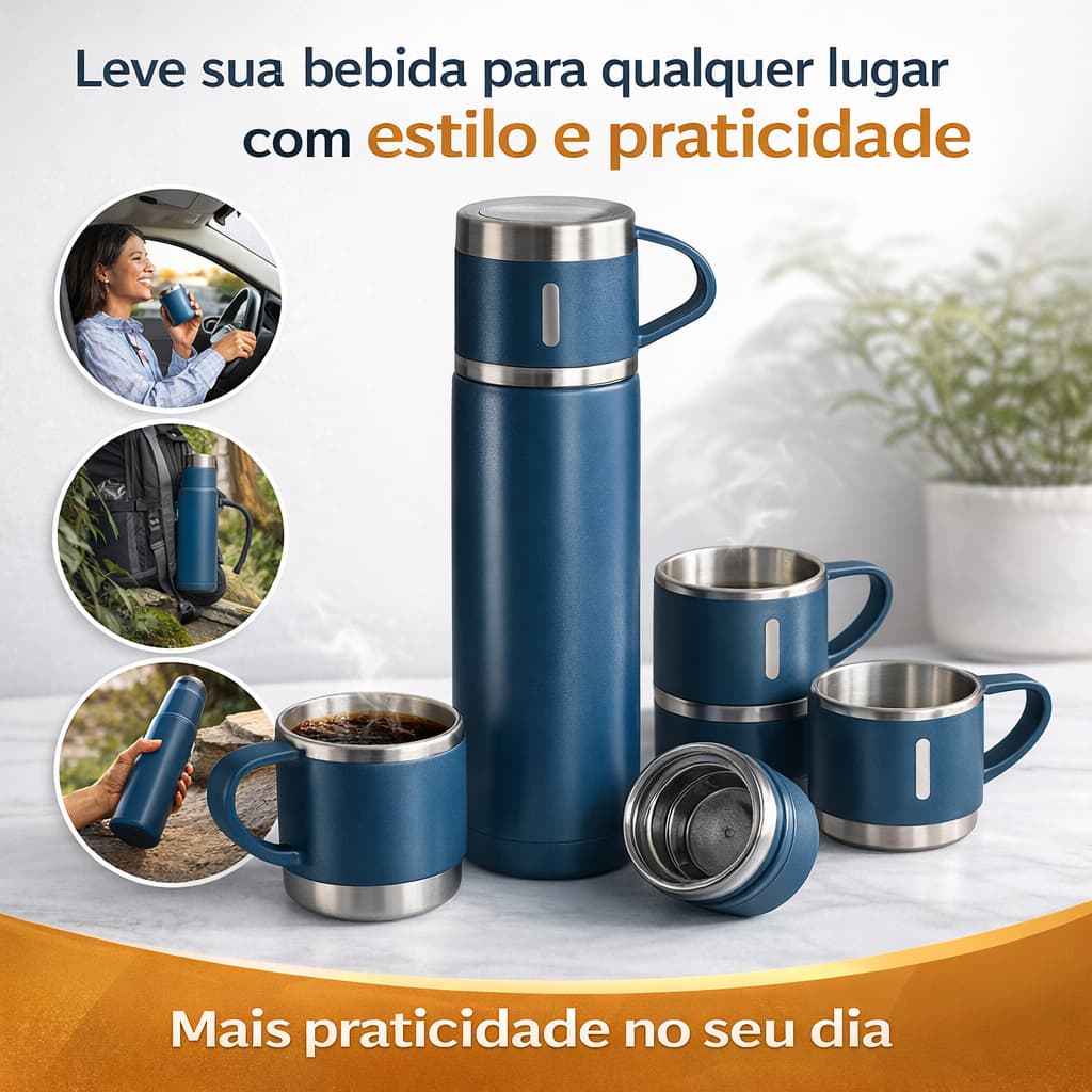 Garrafa Térmica Inox 500ml com 3 Xícaras Kit Térmico Quente Frio Viagem Academia Azul Marinho