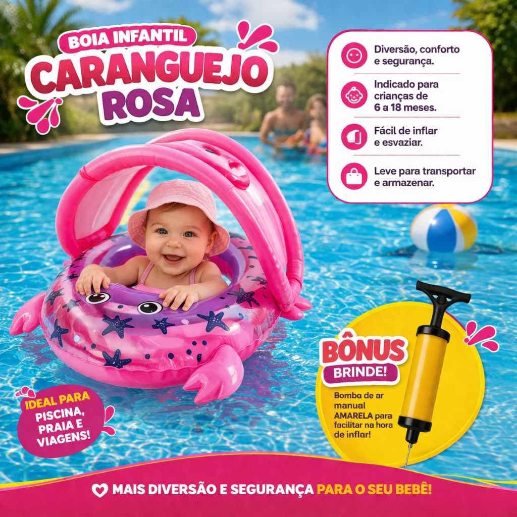Bote-Boia Infantil com Bomba Bebe Caranguejo - Rosa Fralda Inflavel Piscina Praia Protecao Solar