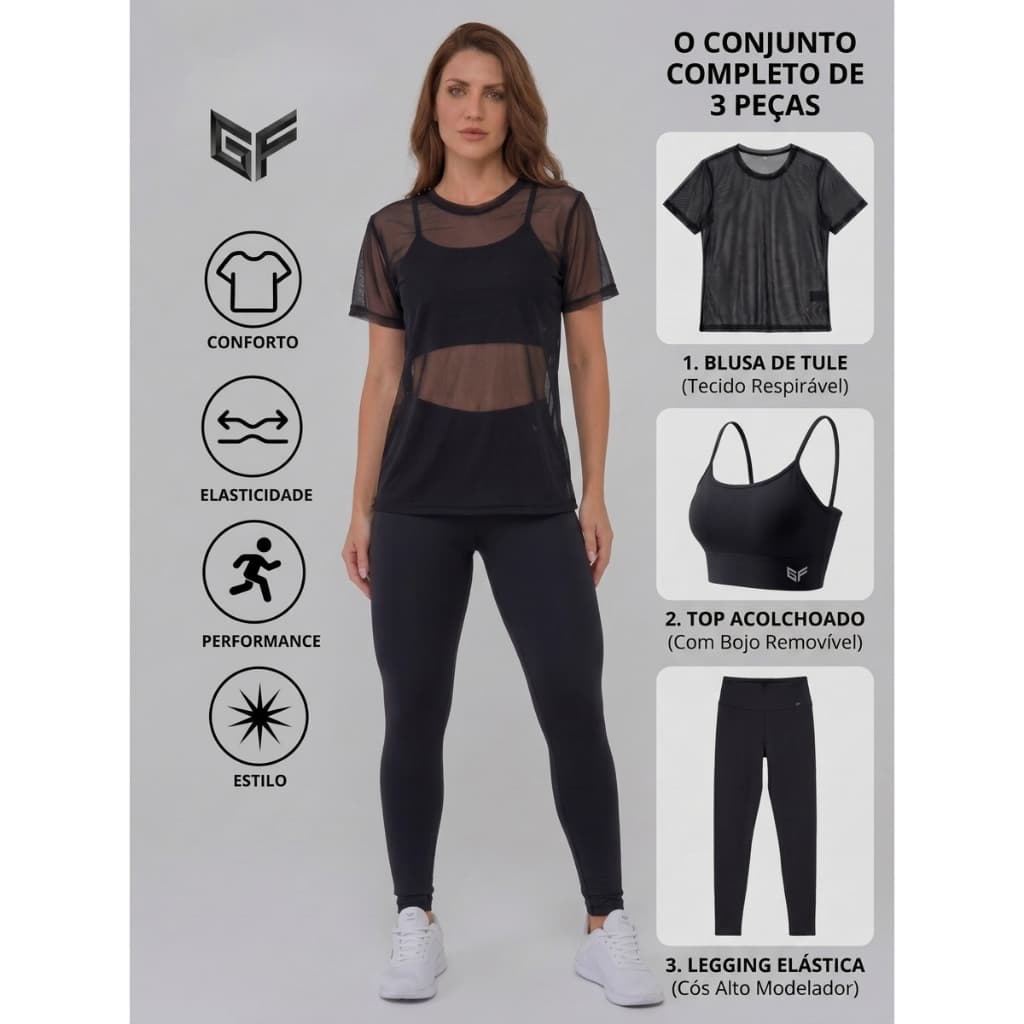 Kit para Academia Feminino de 3 Peças: Top com Bojo + Calça Legging + Camisa de Tule Transparente Tendência 2026