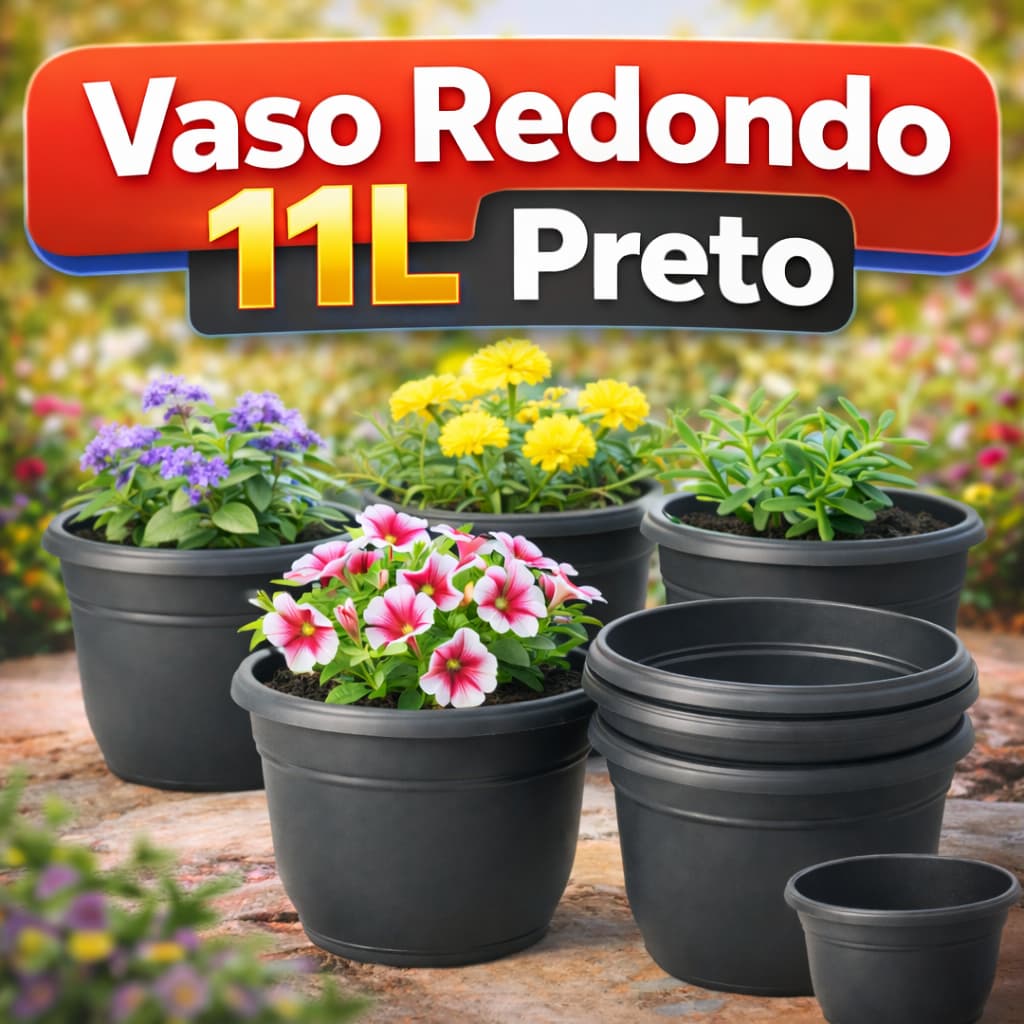 Vaso 11L Preto Plástico Resistente Redondo Plantas Flores Ervas Suculentas Jardim Decoração