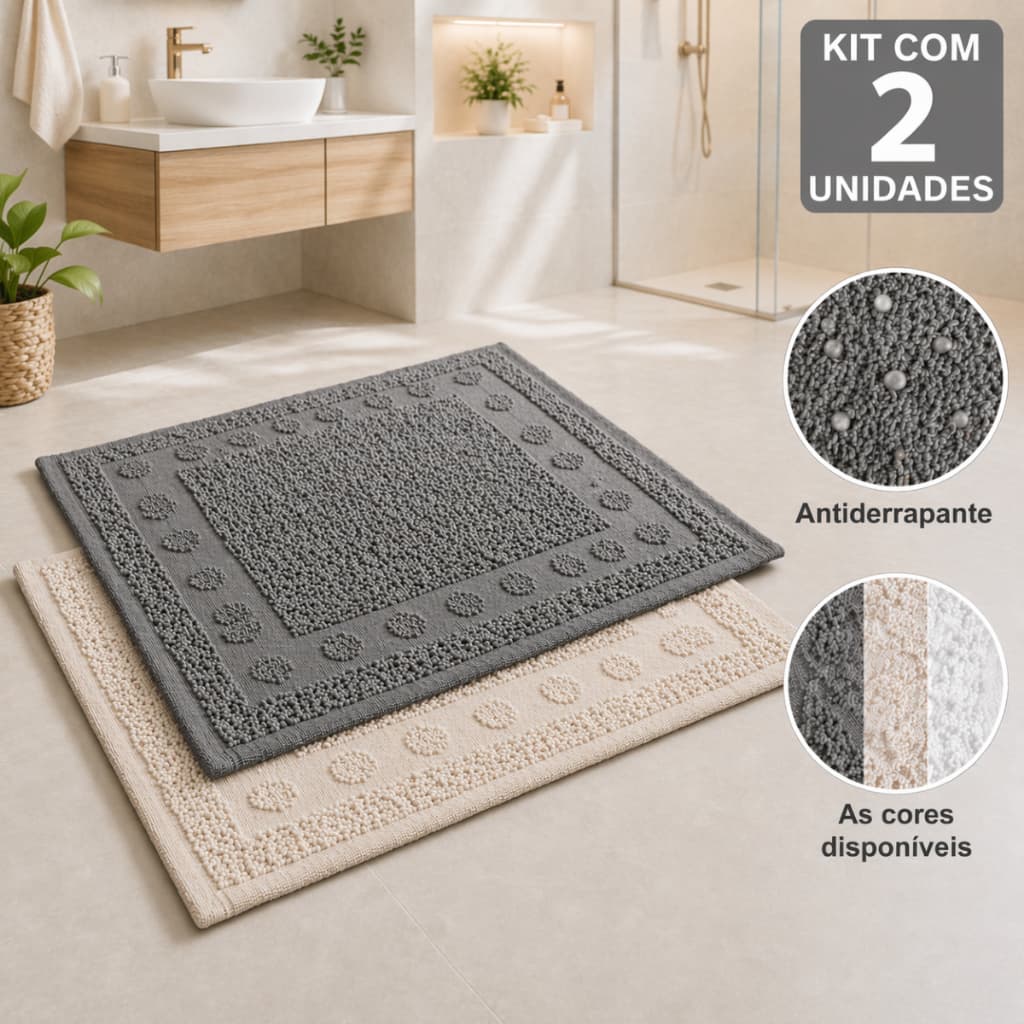 Kit 2 Tapete Atoalhado Piso Banheiro Antiderrapante 100% Algodão Premium 50X65cm