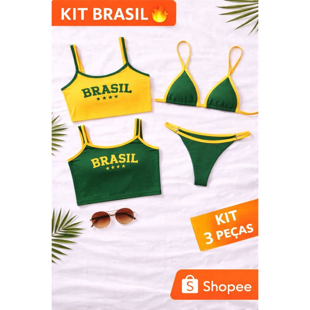 Kit Brasil Feminino 2 Peças Biquíni + Cropped Verde e Amarelo Moda Praia Verão