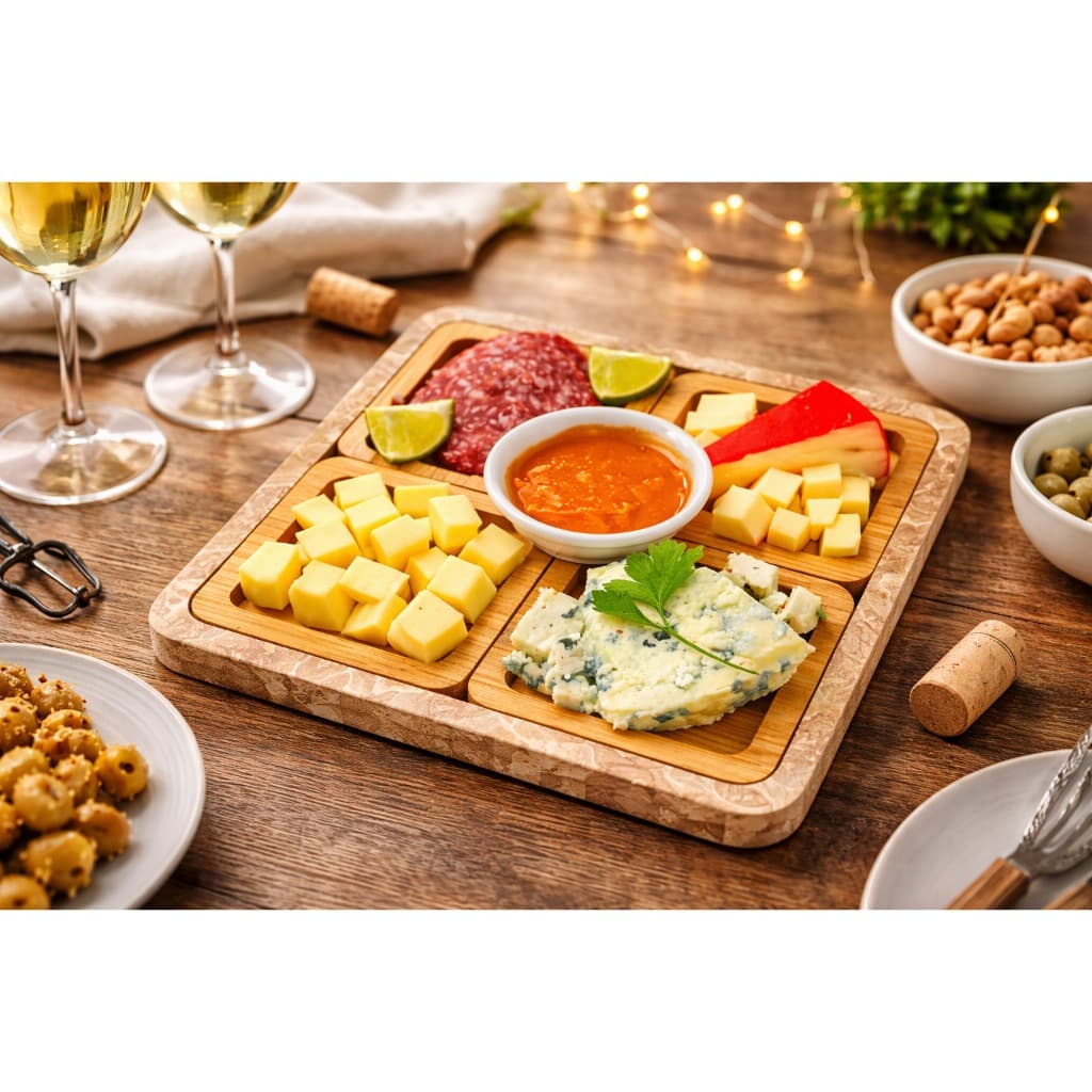 Gamela petisqueira quadrada madeira tipo bambu aperitivos frios 4 divisórias
