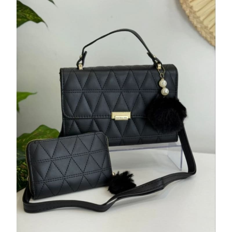 Kit Bolsa Feminina Transversal e Carteira e Pompom Alça Ajustável Elegante