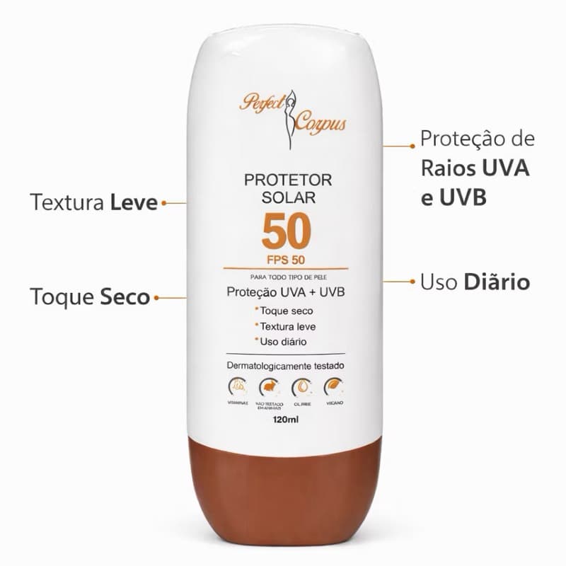 Protetor Solar Fps 50 120ml Perfect Corpus 1/3 UVA UVB Bloqueador Solar Proteção Raios Solares e Ultravioleta