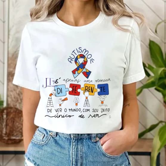 Camiseta Feminina Autismo Estampada Algodão 100% Confortável Casual Moda Inclusão Estilo Diário
