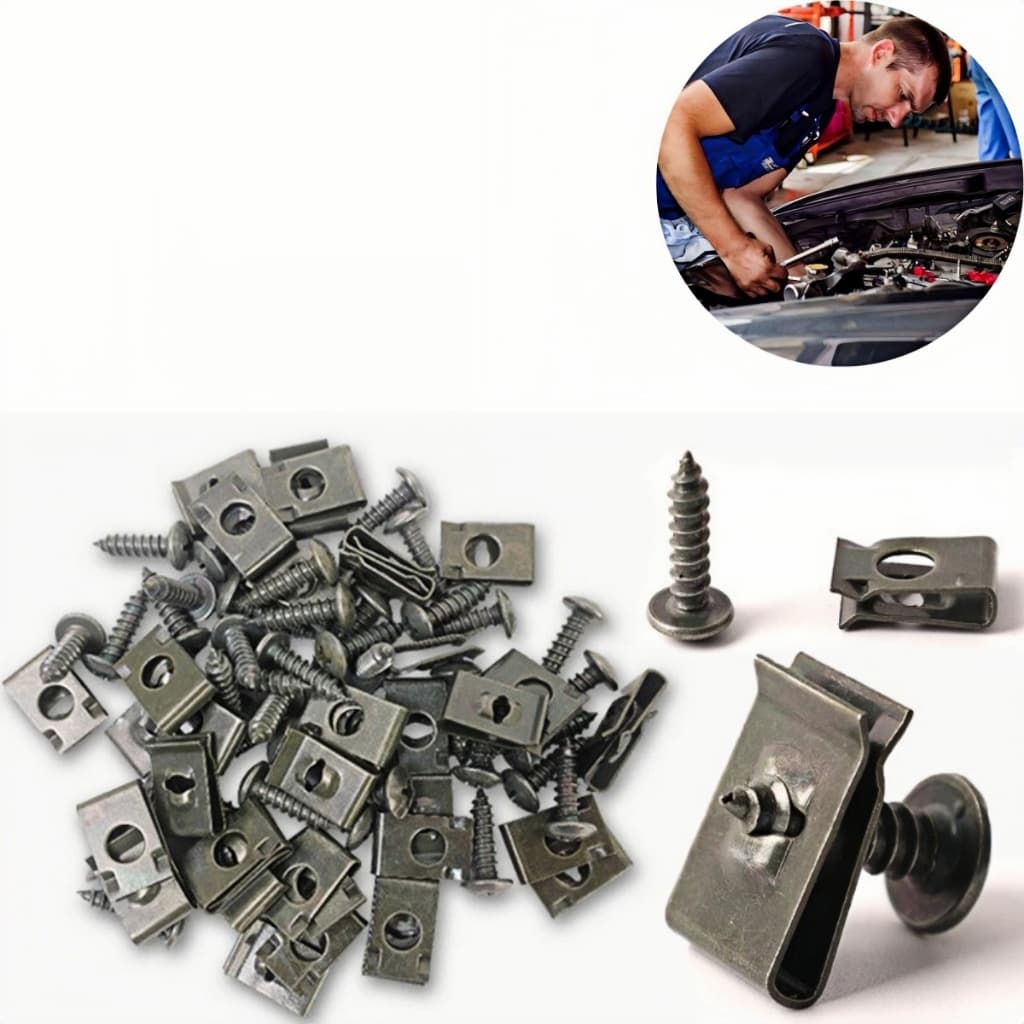 Kit 100 Clipes Tipo U Para Carro Com Parafusos Autorroscantes Fixação Automotiva Universal