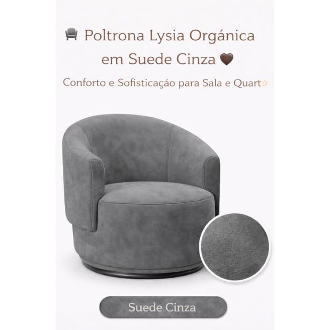 🪑 Poltrona Lysia Suede Cinza 🩶 Design Orgânico Luxo Conforto Sala Quarto Decoração