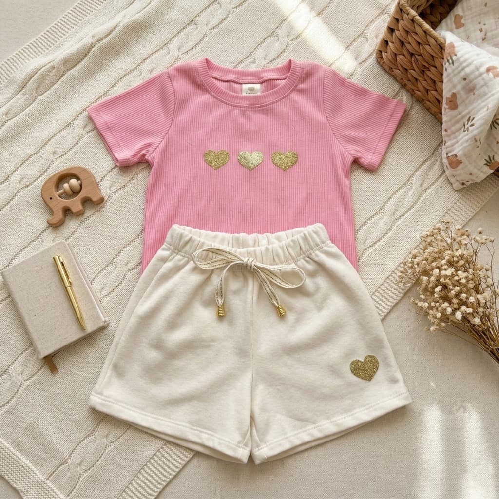 Lovely Pink Roupa Infantil Menina Blusa Corações Shorts Rosa Leve Fresquinho Verão Luxo