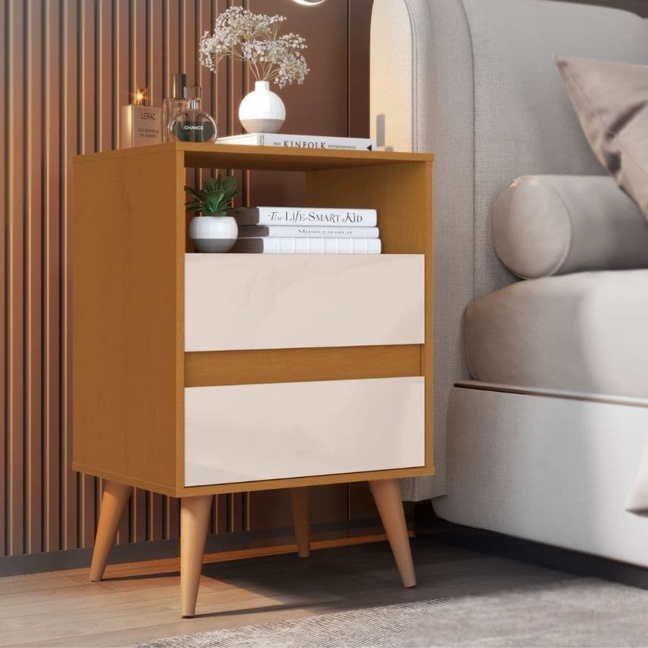 Mesa de Cabeceira Retrô com 2 Gavetas e Pés Palito para Quarto e Escritório