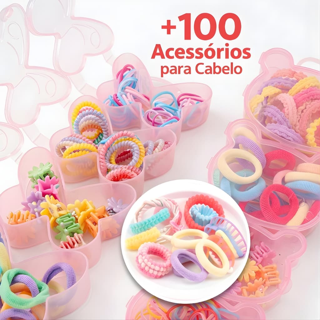 Kit +100 Acessórios de Cabelo Infantil Maleta Organizadora Presilhas Elasticos Xuxinhas Coloridas