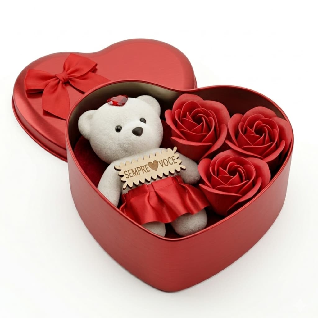 Lata Caixa Coração de metal Com Ursinho e Rosas presente namorada esposa amiga mãe 1/2/4