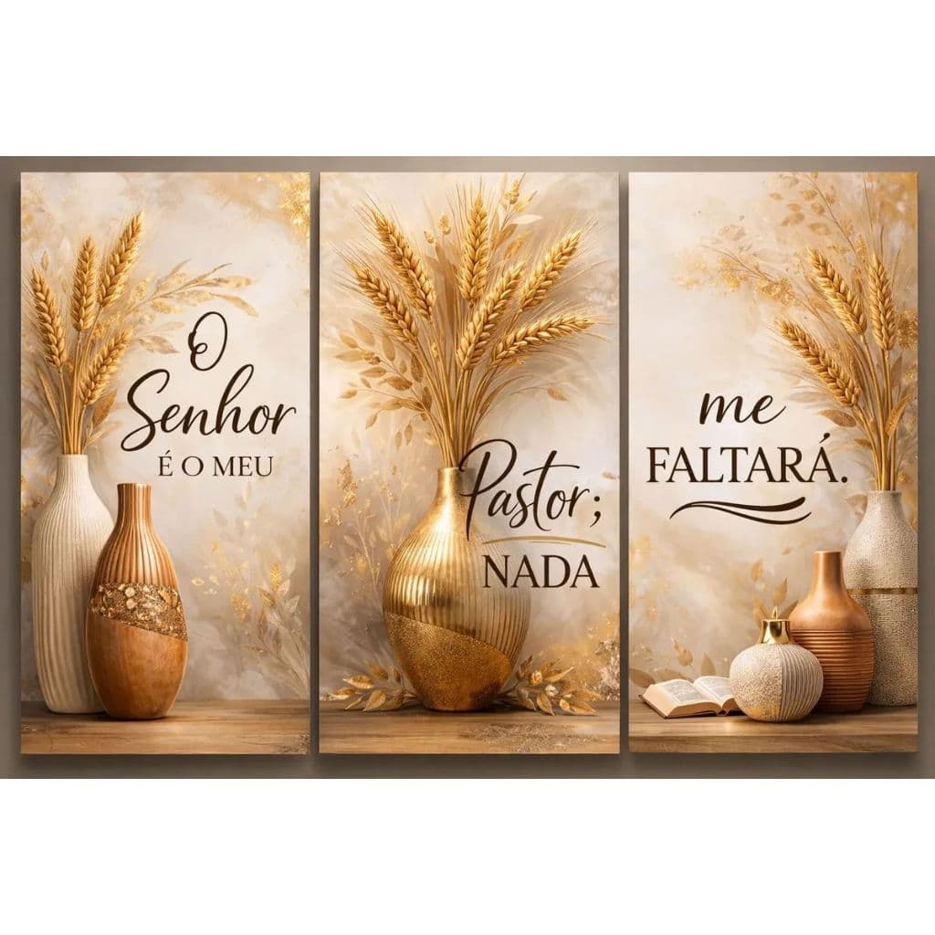 Quadro Sala Trigo Vaso Dourado Fe O Senhor E Meu Pastor