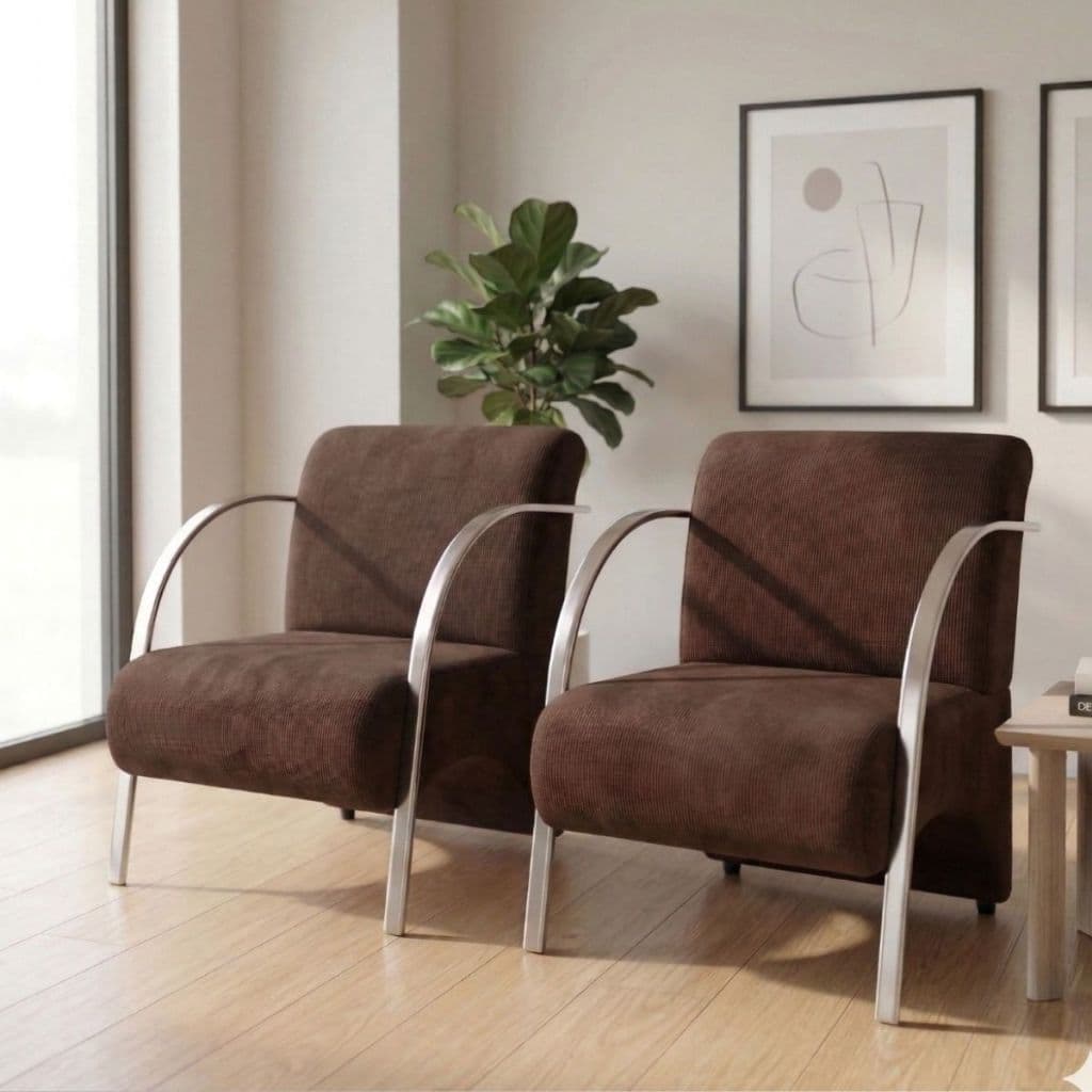 Kit 2 Poltronas Decorativas de Suede com Braços de Alumínio Sala Consultório Escritório Barbearia Quarto